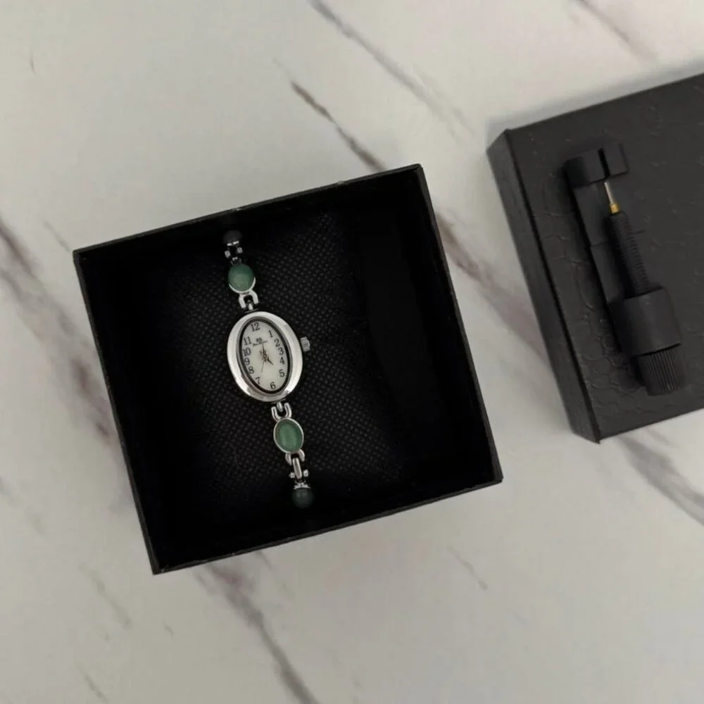 Sku0458 Retro Silver Green Gemstones Women Casual Oval Watch Bracelet + gift bag